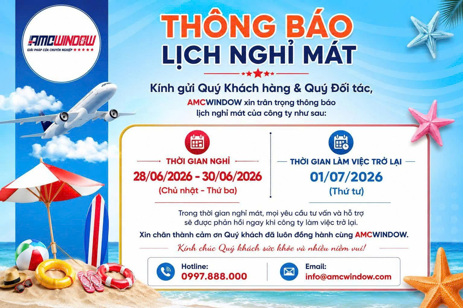 Thông báo lịch nghỉ mát của Amcwindow